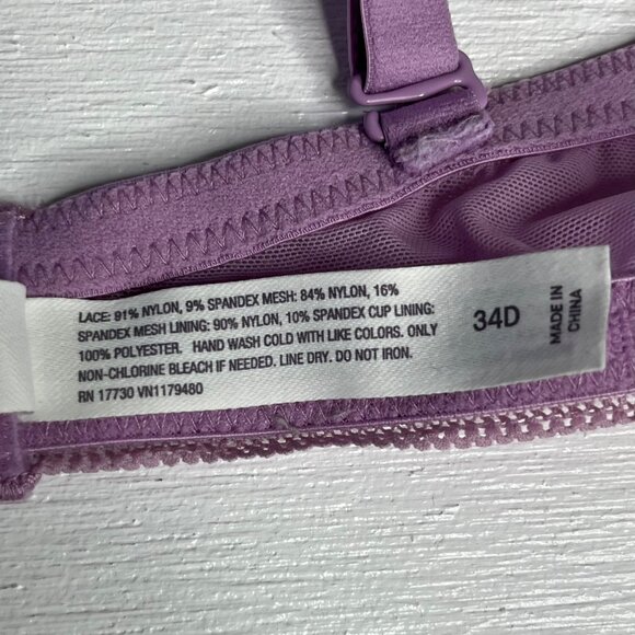 Auden Plunge Coverage Push-Up Bra Padded Lace Lilac Purple Size 34D - Picture 9 of 9